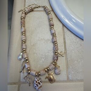 Marbled Cream Cylindrical Beads Gold Accent Coastal Beach Ocean Charm Necklace